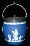 Wedgwood Biscuit Jar Dark Blue Jasperware Dip Barrel Women Cherubs 1870s