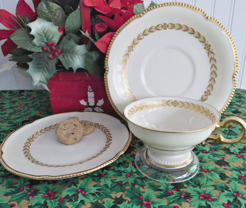 Elegant Teacup Trio Laurel Gold Laurel Wreath Gold Beading Castleton USA 1940s