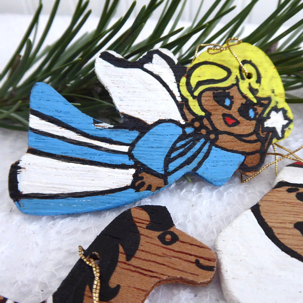 Christmas Ornaments 1960s Handmade Set Of 11 Painted Wood Santa