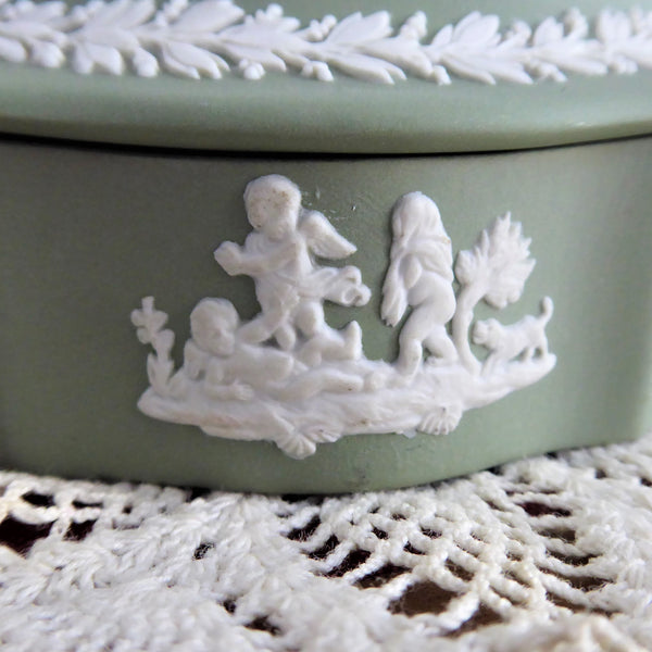 Wedgwood Green Jasperware Lidded Box 1975 Cherubs Domed Marquise