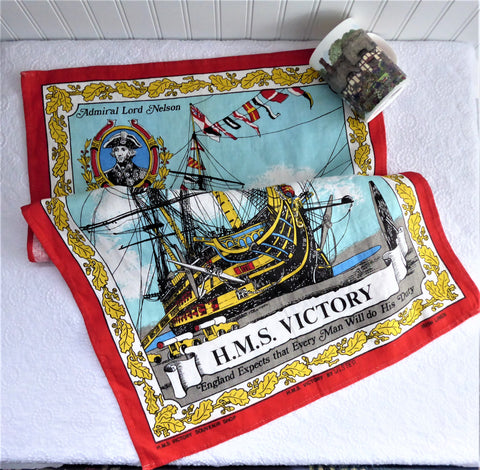 HMS Victory Tea Towel 1980s Admiral Nelson Warship Ulster Irish Linen Sailing Ship