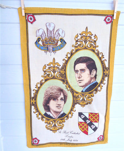 Royal Wedding Prince Charles And Princess Diana Tea Towel Blue 1981 Linen
