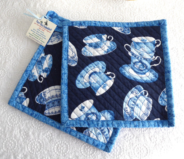 Blue Padded Teacups Potholders Pair of Hand Made Support Animal