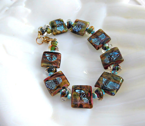Art Glass Brown Turquoise Foil Tile Bracelet Artisan Glass Maker Square Size 7.5