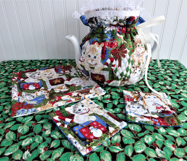 Christmas Kitties Tea Cozy Set Cosy Trivet 2 Mug Mats Gold Metallic Ha Antiques And Teacups
