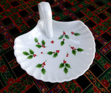 Christmas Dish With Handle Holly Design Porcelain Candy Lemon Dish 1960s