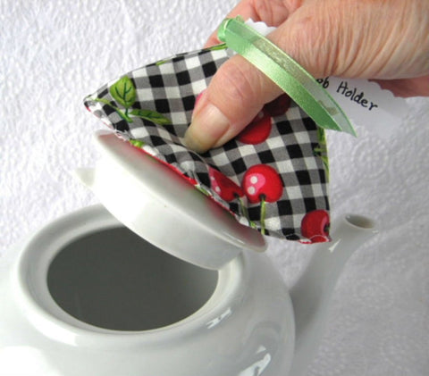 Teapot Lid Holder Padded Lid Knob Holder Cherries Checks Green Polka Dots