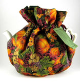 Tea Cozy Padded Fall Fruit Flowers Purple Green Reversible USA Handmade