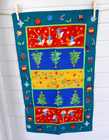 Tea Towel English 1980s Christmas Holiday Design Angels Trees Quirky Dish Towel