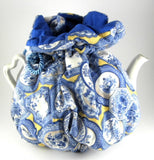 Tea Cozy Padded Blue And White Plates On Yellow Blue lining USA Handmade