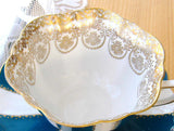 Cup And Saucer Shelley Teal And White Stratford Gold Overlay Border Drake's Neck 1964-1966 - Antiques And Teacups - 3