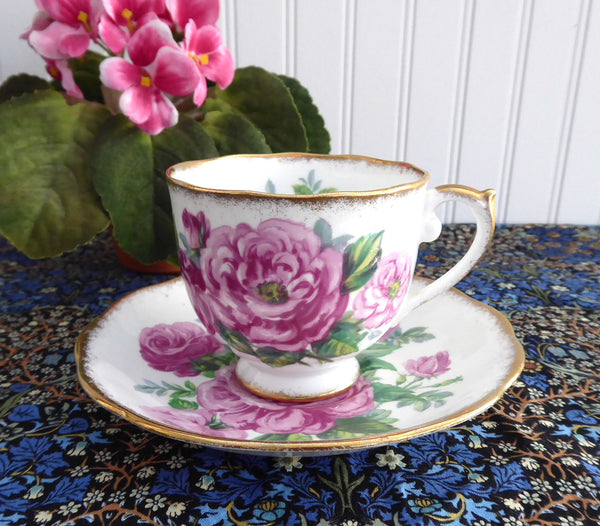 Roslyn Crimson Glory Cup And Saucer Roses Brush Gold Trim 1950s
