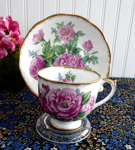 Roslyn Crimson Glory Cup And Saucer Roses Brush Gold Trim 1950s 