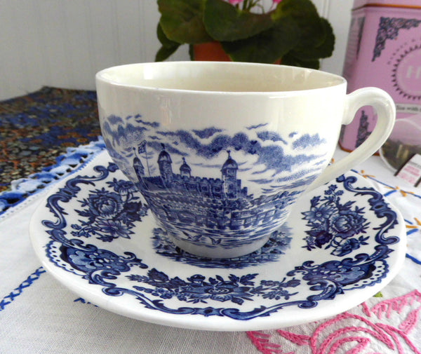 Royal Homes Of Britain Blue Transferware Cup And Saucer 1960s