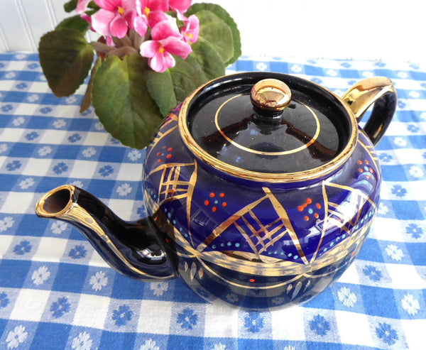 Fancy Cobalt Blue Teapot Brown Betty Large 8 Cup 1930s Hand