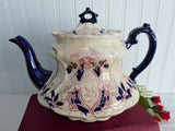 Flow Blue Art Nouveau English Teapot Late Victorian Red Transferware 1870-1890