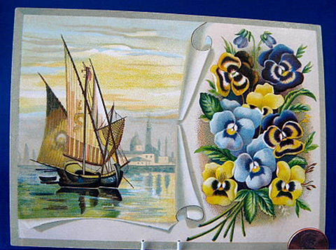 Album Card Embossed Sailing Ship Pansies Christmas Note Victorian Card 1890s