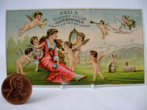 Victorian Trade Card Hall's Hair Renewer Sicilian Lady Cherubs Advertising Card 1890s