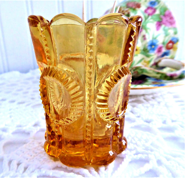 Antique Amber Glass Toothpick Holder Columbia Pattern by