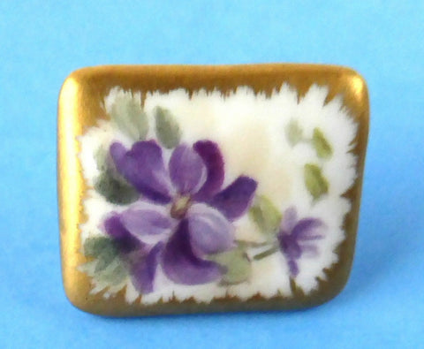 Hand Painted Violets Porcelain Button 1900-1910 Edwardian Gold Edges Antique