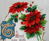 Christmas Postcard Poinsettias Gold Embossed BB London 1910 Illuminated Poem