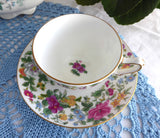 Cup and Saucer Crown Staffordshire England Cheery Colors Gold 1910s