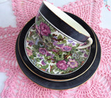 Ivory Chintz Cup And Saucer With Plate 1920s Flowers Birds Black Bands Crown Ducal