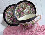 Ivory Chintz Cup And Saucer With Plate 1920s Flowers Birds Black Bands Crown Ducal