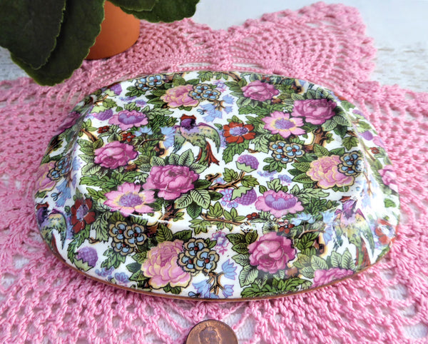 Ivory Chintz Teapot Stand Trivet 1920s Flowers Birds Black Crown