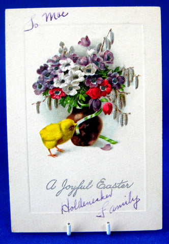 A Joyful Easter Embossed Gift Card Tag Chick Flower Bouquet 1920s Ephemera