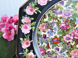Roseland Chintz Octagon Lunch Plate 1930s Roses Black Bands Flowers Birds Crown Ducal