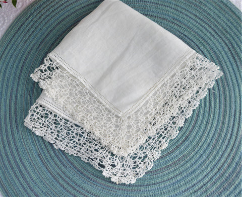 White Irish Linen Handkerchief 1920s Hand Made Thread Lace Trim Hanky