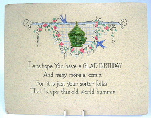 Glad Birthday Gift Card Embossed Birds Bird Cage Birthday Poem 1925
