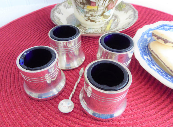 English Open Salts Cobalt Blue Glass Liners Silver Plate Set Of