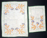 English Purple Thistles Linen Doily Set 4 Hand Embroidered 1930s Towels
