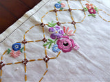 English Tray Cloth Linen Hand Made Embroidered Multi Color Floral 1930s Rectangular