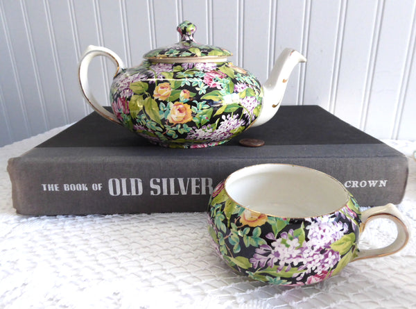 Teapot Tea For One Black Beauty Chintz Nelson Stacking 1930s Tea