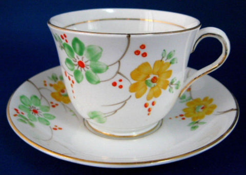 Cup And Saucer Phoenix Art Deco Hand Painted Enamel Blossoms 1930s