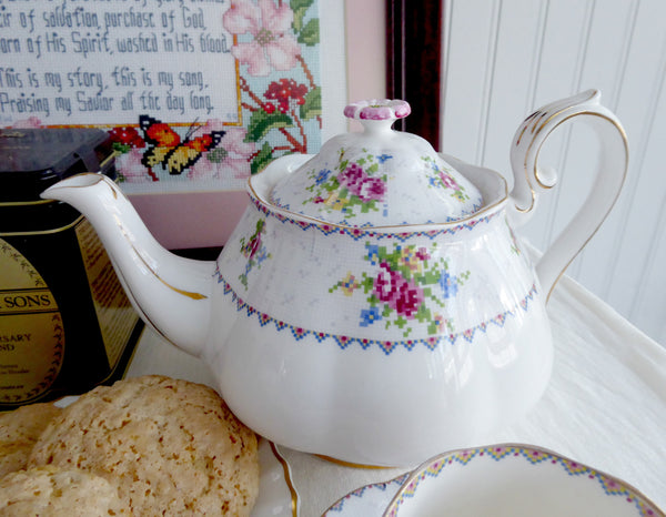 Royal Albert Petit Point Teapot 1930s Floral Cross Stitch Flower