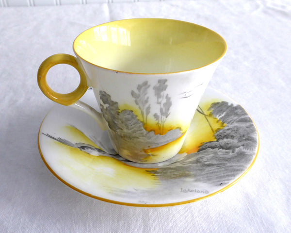Shelley Art Deco Lakeland Cup And Saucer 1930s Landscape Bird