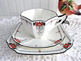 Shelley Daisy Teacup Trio Red Enamel Queen Anne Paneled Art Deco 1920s Teatime