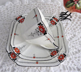 Shelley Daisy Teacup Trio Red Enamel Queen Anne Paneled Art Deco 1920s Teatime