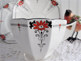 Shelley Daisy Teacup Trio Red Enamel Queen Anne Paneled Art Deco 1920s Teatime