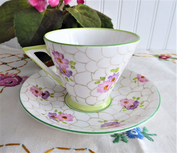 Art Deco Cup And Saucer Phoenix England Forester Lime Green Pink