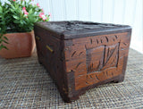 Tea Caddy Hand-Carved Wooden Box Chest Brass Lock 1930s Asian Wood Jewelry Box
