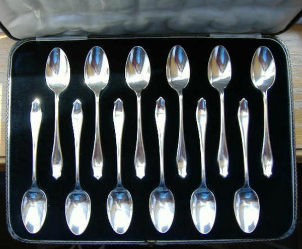 English Sterling Silver Teaspoons Boxed Set of 12 Art Deco