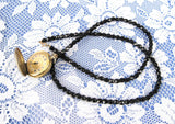 Elgin Pocket Watch Pendant Necklace Black French Jet Faceted Beads 1940s Elegant