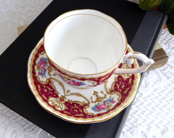 Queen Anne Regency English Cup And Saucer 1950s Floral Maroon