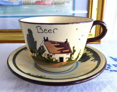 Mottoware Large Cup and Saucer Masters Two Will Never Do Watcombe Torquay 1940s