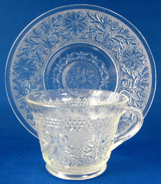 Sandwich Pattern Cup And Saucer Indiana Glass Duncan 1930s Depression